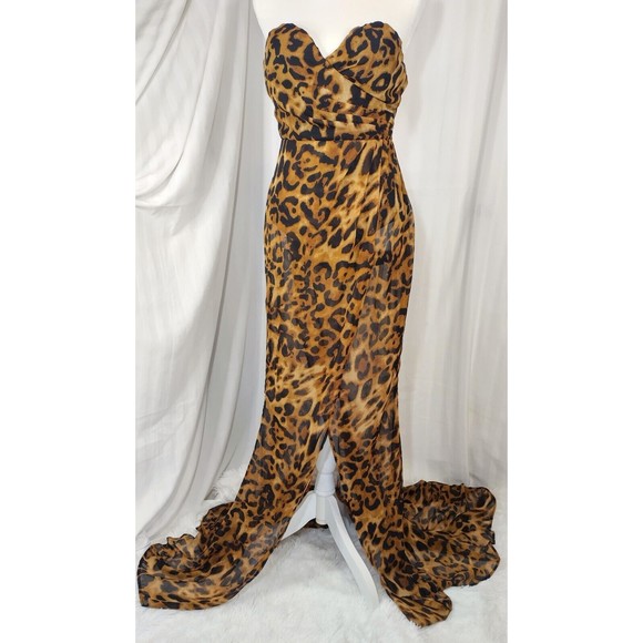 LOVE & LEMONADE Deep V Neck Cross Leopard Print Slim Long Dress size medium nwt - Picture 3 of 12
